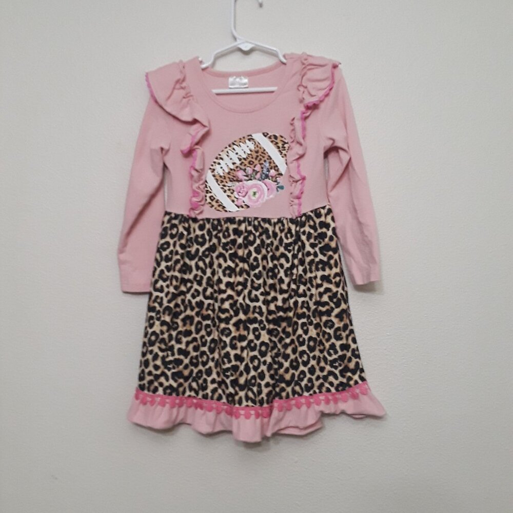 Football Grafic Pink Leopard Print Kids Casual Dress